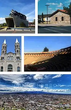 Top:Apizaco little steam locomotive machine (La Maquinita de Apizaco), Piedra House Museum, 
Second:Basilica of Santa Maria de la Misericordia (Apizaco Cathedral), Apizaco Bullring (Plaza de toros Apizaco), Bottom:Panoramic view of Apizaco (all item from left to right)