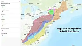 Appalachian Highlands of the United States as classified by Physiographic regions of the United States