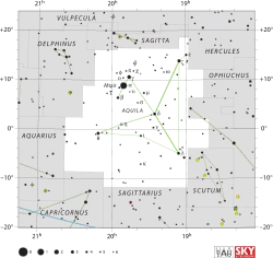 Diagram showing star positions and boundaries of the Aquila constellation and its surroundings