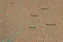 Map of Arabia quadrangle with major craters. Cassini is in the upper right.