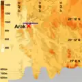 Location of Arak and altimetric profile through the gorges