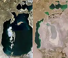 Image 16Aral Sea comparisonPhotographs: NASA; edit: Zafiroblue05A side-by-side comparison of the Aral Sea in 1989 and 2008, showing its severe shrinkage owing to poor water resource management. The Aral Sea was once the fourth-largest lake in the world. However, the rivers that fed it were diverted by Soviet-era irrigation projects. It had shrunk to 10% of its former size by 2007, and is still shrinking. The near-loss of the Aral Sea, which is now in Kazakhstan and Uzbekistan, has been considered one of the planet's most disastrous examples of poor environmental resource management.