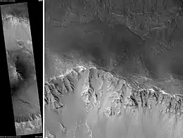 Arandas Crater, as seen by HiRISE.  Click on image for a better view of North and South Walls, as well as central hills.  Scale bar is 1000 meters long.