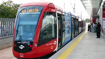 A tram on Line ML-2 at Estación de Aravaca, the outer terminus of the line.