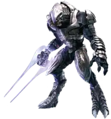 An alien warrior in a hunched position. Its feet end with two prominent claws, while its mouth is split into four parts lined with teeth. The alien is covered in shiny metal plates that overlap. In his hand he carries a glowing dual-tipped blade.a