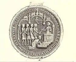 Seal image of a crowd of men attacking a kneeling figure before an altar.