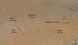 Map of Arcadia quadrangle with major features labeled.  Several large cracks called Fossae are in this area.