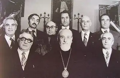 Architectural Commission of the Mother See of Holy Etchmiadzin (1970–1988). First row from left: Varazdat Harutyunyan, Vazgen I, K. Altunyan  Second row from left: Arzoumanian, H. Babakhanian, Grigor Khanjyan, A. Galikyan, M. Hovhannisyan