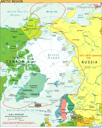 Image 88The Arctic region; of note, the region's southerly border on this map is depicted by a red isotherm, with all territory to the north having an average temperature of less than 10 °C (50 °F) in July. (from Arctic Ocean)