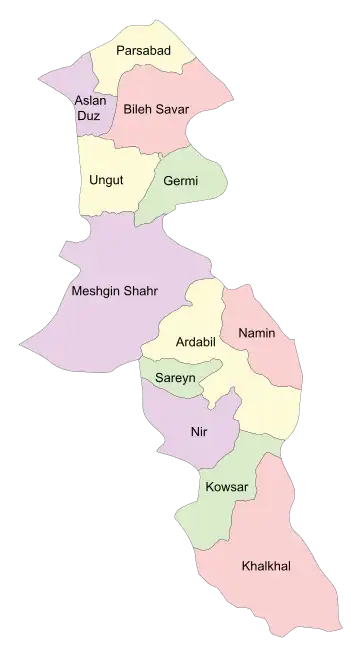 Location of Aslan Duz County in Ardabil province (top, purple)