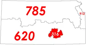 Map of Kansas with area code 316 in red