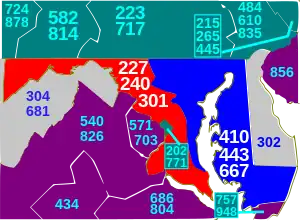 area codes 227, 240, and 301. These numbers are related to the main zip codes of Maryland.