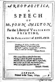 Image 18John Milton's Areopagitica (1644) argued for the importance of freedom of speech. (from Liberalism)