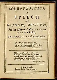 Image 20First page of John Milton's 1644 edition of Areopagitica, in which he argued forcefully against the Licensing Order of 1643 (from Freedom of speech)