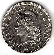 Allegory of Liberty wearing a Phrygian cap on a coin from Argentina, 1883