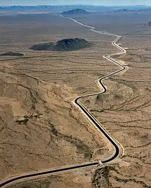 Central Arizona project canal zigzagging across the Arizona desert