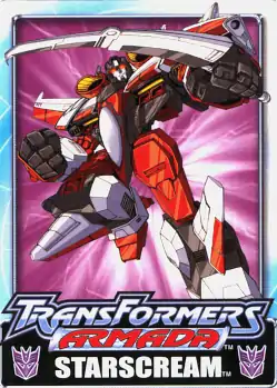 Trading card with Starscream in theatrical battle-pose, one leg up, fist clenched, other hand brandishing sword-style weapon ahead of body, purple starburst effect behind