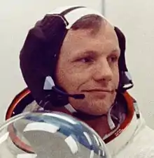 NASA Astronaut Neil Armstrong wearing "Snoopy cap" with Plantronics (SPENCOM) headset prior to his Apollo 11 lunar landing in 1969.