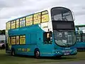 An example of Arriva Midlands' Pulsar Geminis, this one with special vinyls advertising services 126 and 127 between Coalville, Shepshed and Leicester via Loughborough