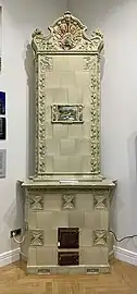 Polychrome tiled stove in the Mița the Cyclist House (Strada Biserica Amzei no. 9), Bucharest, Romania, by Nicolae C. Mihăescu (1908)