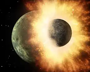 Image 11Artist's conception of the giant impact thought to have formed the Moon (from Formation and evolution of the Solar System)