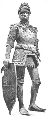 A statue of Arthur from the Great Ancient Kings Kenotath in Innsbruck (Austria), one of several examples of Kasten-Brust armor worn by the statues within Maximilian's tomb, this particular example displaying anachronism