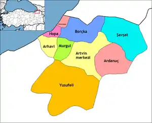 Map showing Artvin District in Artvin Province