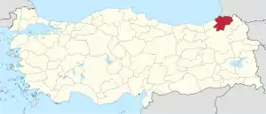 Artvin highlighted in red on a beige political map of Turkeym