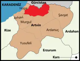 Map showing Borçka District in Artvin Province