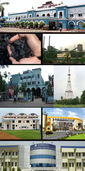 Asansol cityscape Clockwise from top: Asansol Railway Station, IISCO Steel Plant, TV Tower, Galaxy Mall, Asansol Engineering College, Asansol Indoor Stadium, Rabindra Bhavan, Eastern Coalfields Limited