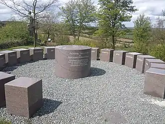 Highest point of the Aschberg. On the rocks are the names of the 20 municipalities of the surrounding Hütten Hills Nature Park.