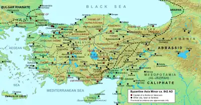 Geophysical map of 9th-century Anatolia, with provinces, main settlements and roads