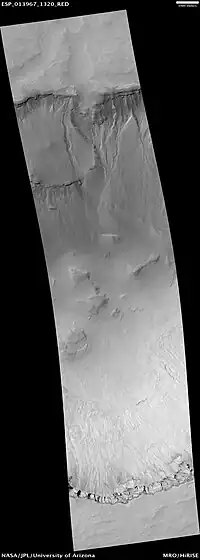 Asimov Crater, as seen by HiRISE.  Bottom of picture shows southeastern wall of crater.  Top of picture is edge of mound that fills most of the crater.