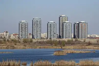 Tower blocks near Văcărești Nature Park, Bucharest, 2006–2010, by Călin Negoescu, Cristina Găleată, Ștefan Cătălin, Cristian Craiveanu, Alexandru Cutelecu