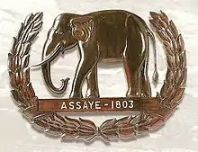 Elephant emblem depicting the Battle of Assaye, 1803 awarded to Madras Sappers. It has been declared repugnant by the Indian government.