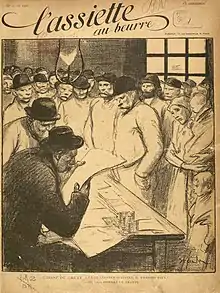 Magazine cover showing a group of people crowded together in a room all wearing winter clothing and appearing to be miserably cold all watching a man behind a drafting table closely studying a newspaper