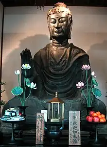 The Shakyamuni Daibutsu Bronze (4.8 metres) is the oldest known sculpture of Buddha in Japan cast by Tori Busshi in 609.