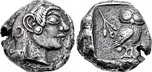 Athens coin (c. 500/490–485 BC) discovered in the Shaikhan Dehri hoard in Pushkalavati, Ancient India. This coin is the earliest known example of its type to be found so far east.