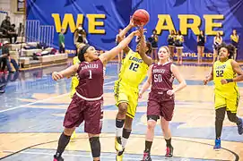 The Pioneers basketball team in action against the Texas A&M–Commerce Lions in 2015