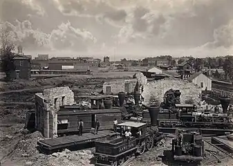 Roundhouse in Atlanta, Georgia, 1866. Interior layout exposed by extensive American Civil War damage.