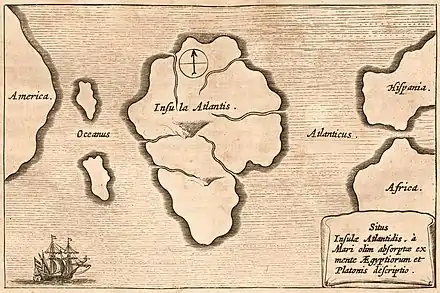 Tolkien wrote of Númenor as Atlantis. Athanasius Kircher's 1669 map (here, inverted to place North at the top) places Atlantis between America and Europe (Hispania, Spain).