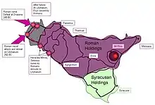 a map of Sicily showing Rome and Carthage's territories, movements and the main military clashes 253–251 BC