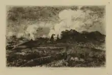 Engraving depicting two lines of French soldiers marching at night through a hilly, unvegetated landscape. All that can be seen of them is the tips of their weapons. In the background, most of the houses are on fire.