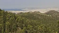 View from Kaisariani Hill looking towards Athens agglomeration, with Salamis visible in the background