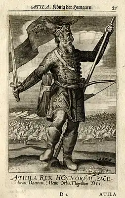 King Attila of the Huns, his flag depicts the Turul bird (Nádasdy Mausoleum, 1664)