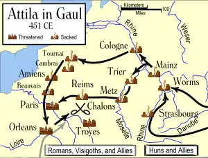 Map of Attila's invasion of Gaul in 451