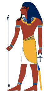  Atum is shown as a man with a was-scepter to show his power, and an Ankh to symbolize his association to life. He is only later and rarely shown with a Double Crown.