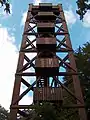 Full front view of the Atzelberg Tower show its 150-stepped staircases.