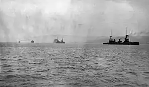 The Australian squadron entering Simpson Harbour, Rabaul, in September 1914