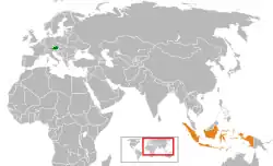 Map indicating locations of Austria and Indonesia